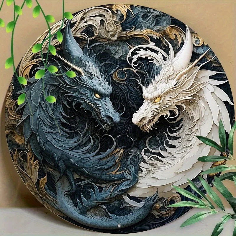 

Round Metal Aluminum Mark, Dragon Sculpture Style for Home, Living Room, Coffee Shop, Office, Wall Decoration Art