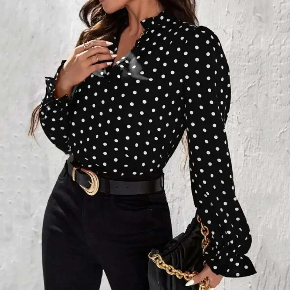 

TPJB New Fashion Ladies Shirt Trendy Temperament V Neck Printed Commuter Shirt for Dating Female Blouse Office Lady Shirt