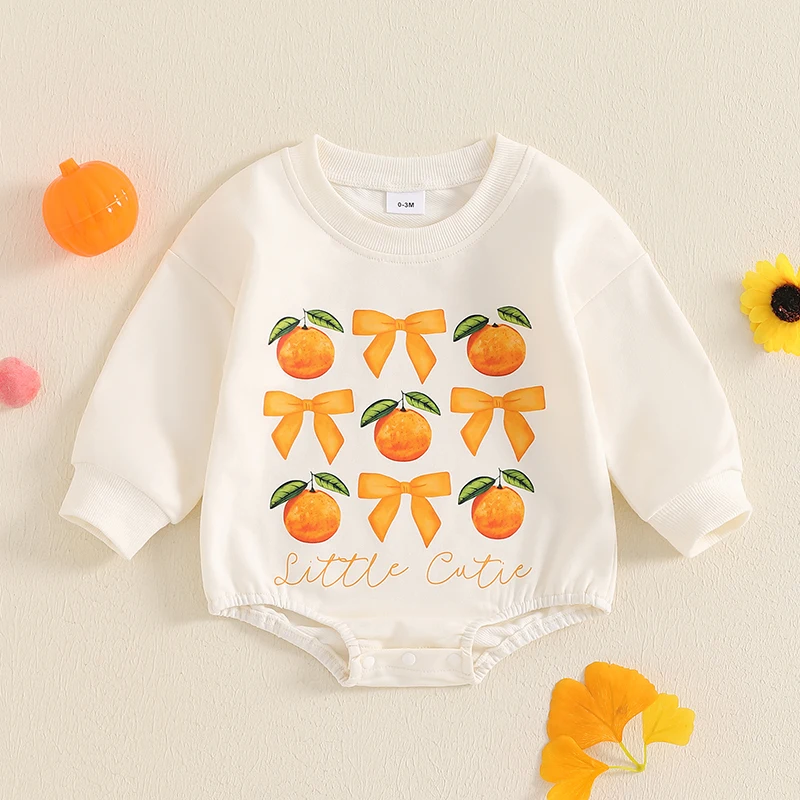 Baby Girls Romper Long Sleeve Crew Neck Orange Bowknot Print Bodysuit Clothes for Casual Daily