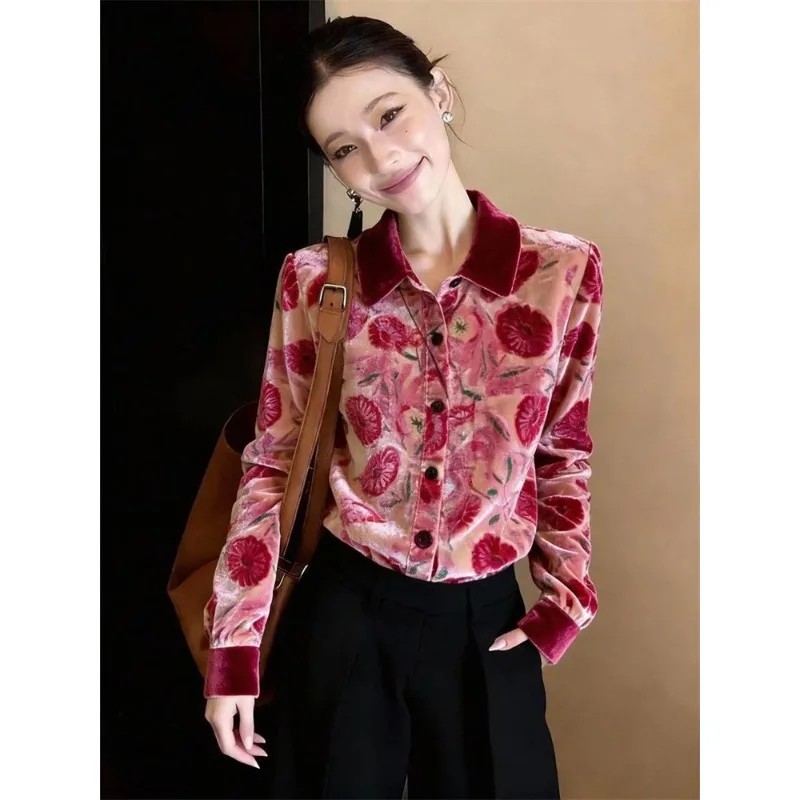 Luxury Floral Print Velvet Shirt Women Color Block Lapel Long Sleeve Elegant Commute Fashion Blouse Top