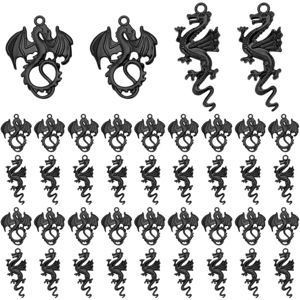 40pcs Flying Dragon Charms Chinese Zodiac Year Dragon Ornament Electrophoresis Black Dragon Totem Charms Alloy Lucky making kit