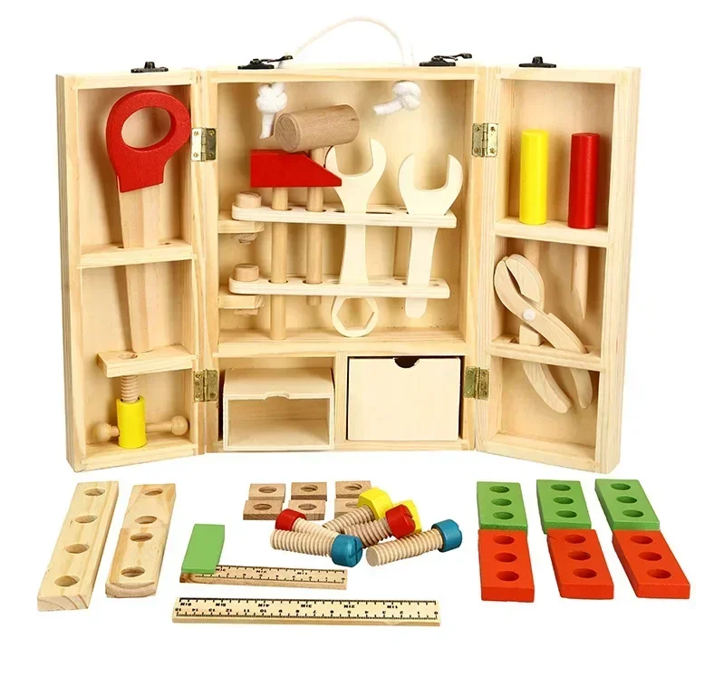 Carpenter Construction Tool Box Wooden Repair Tools Child Boy Pretend Play Mechanic Maintenance Model Building Kits Toy