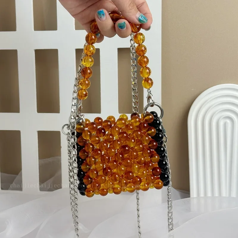 Acrylic Color Block Fashion Simple Chain Crossbody Bags Handwoven Amber Vintage Beaded Handbag Mini Lipstick Wallet Women's Bag