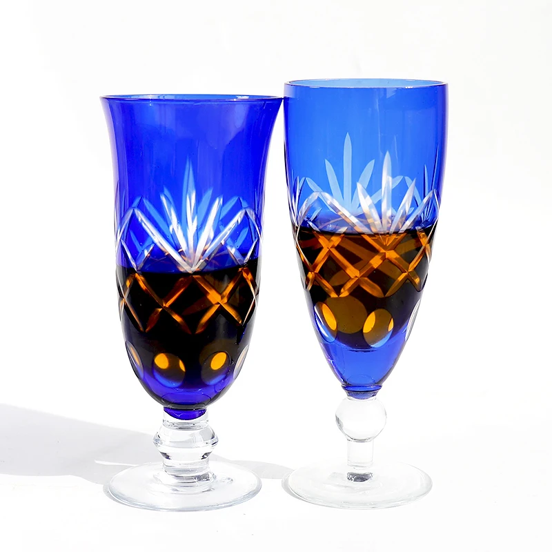 Bohemian Style Glass Goblets Champagne Glass Cup Hand Cut to Clear Crystal Edo Kiriko Blue Stemware Wedding Gift 7oz