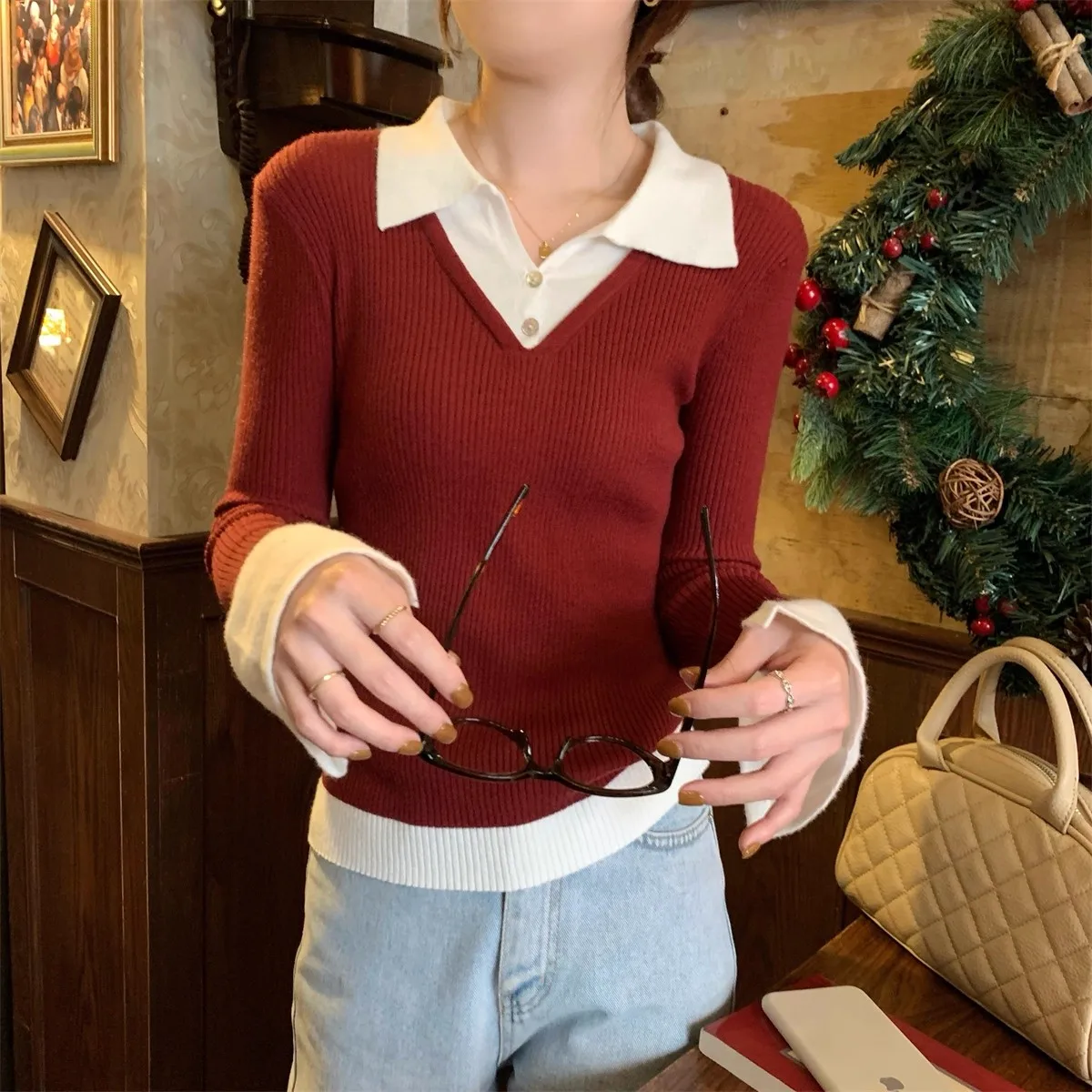 Korean Version Women's Autumn Long Sleeve T-Shirt Color Block Knitted Base Shirt Polo Collar Top Fake Two-Piece Ensemble Thicken