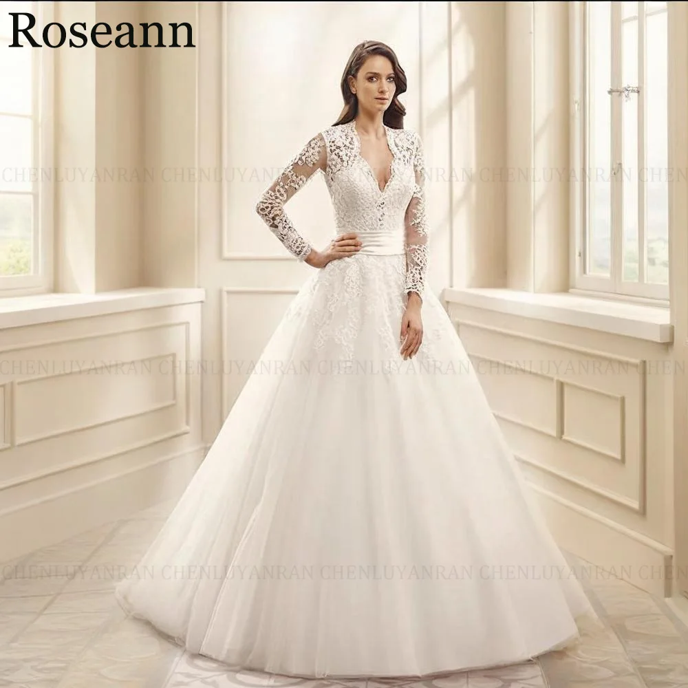 Maßgeschneidertes, atemberaubendes Hochzeitskleid 2026, A-Linie, Spitze, Applikationen, lange Ärmel, Reißverschluss, lange Brautkleider, Sweep-Zug, Vestido de Novia