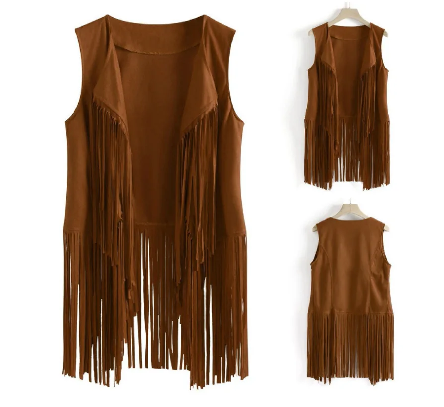 European American New Tassel Vest Jacket for Women Suede Fabric Buttonless Medium Length Style Solid Vest Sleeveless Cardigan