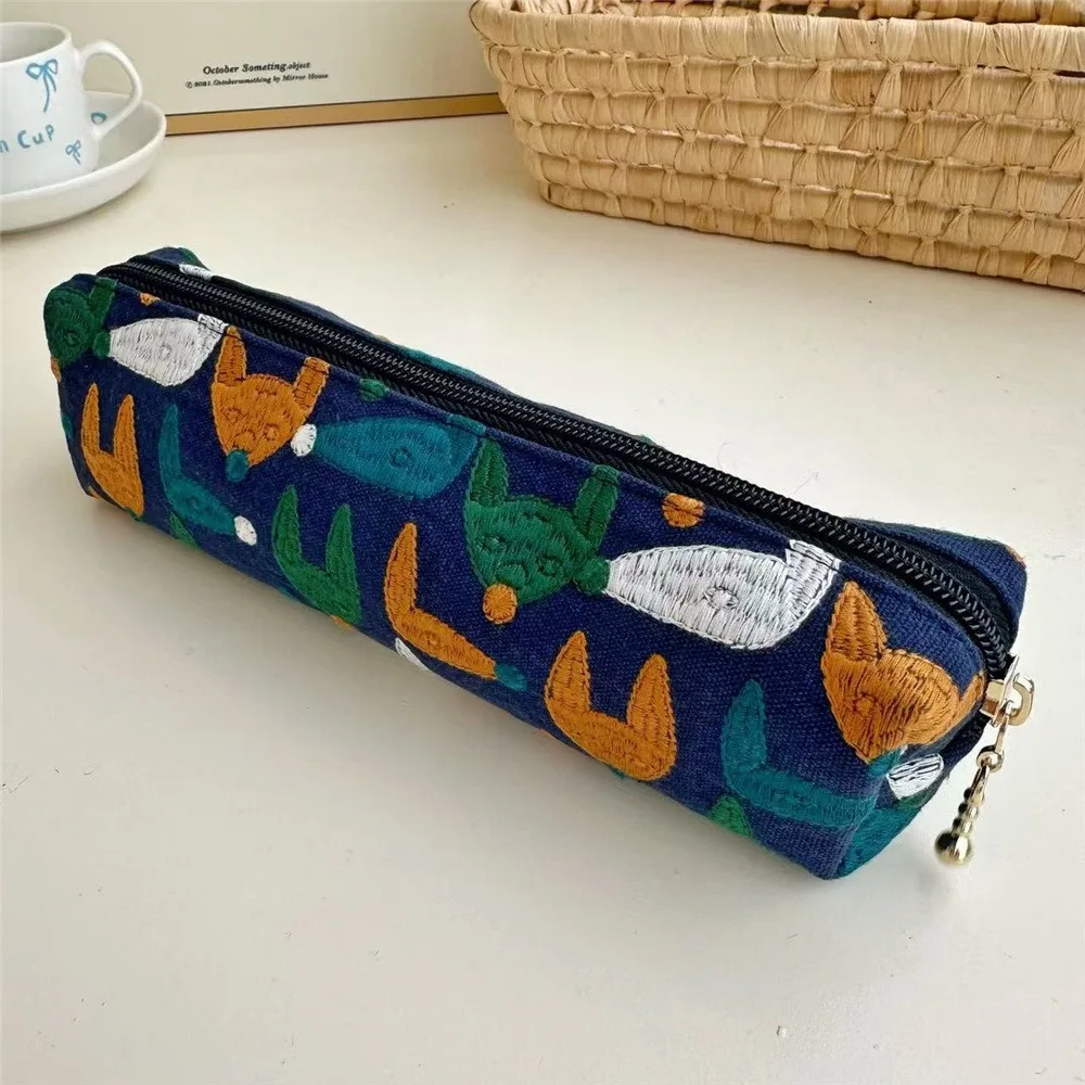 

Sweet Flower Embroidered Pencil Case Print Floral Pencil Pouch Desktop Storage Ethnic Style Cloth Stationery Bag School