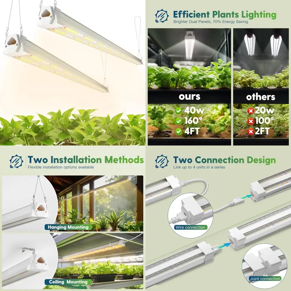 مجموعة إضاءة LED للنمو كاملة الطيف 40 وات، 2-Pack 4FT Fixtures، ما يعادل 250 وات، مصباح نباتي معلق قابل للربط لأشعة الشمس المثالية Gro #1