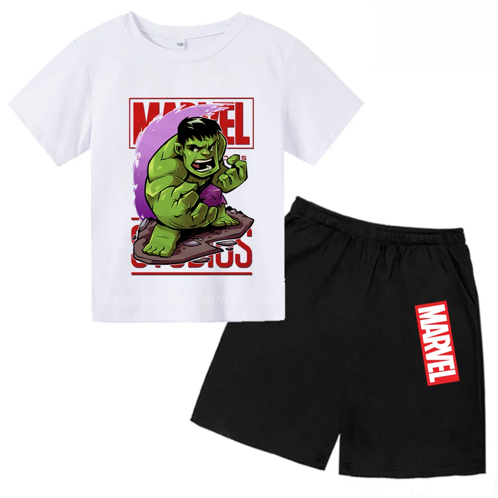 New Marvel Avengers Q-Edition Hulk Cartoon Print Kids' T-shirt + Shorts Combo - Trendy & Refreshing for Boys & Girls