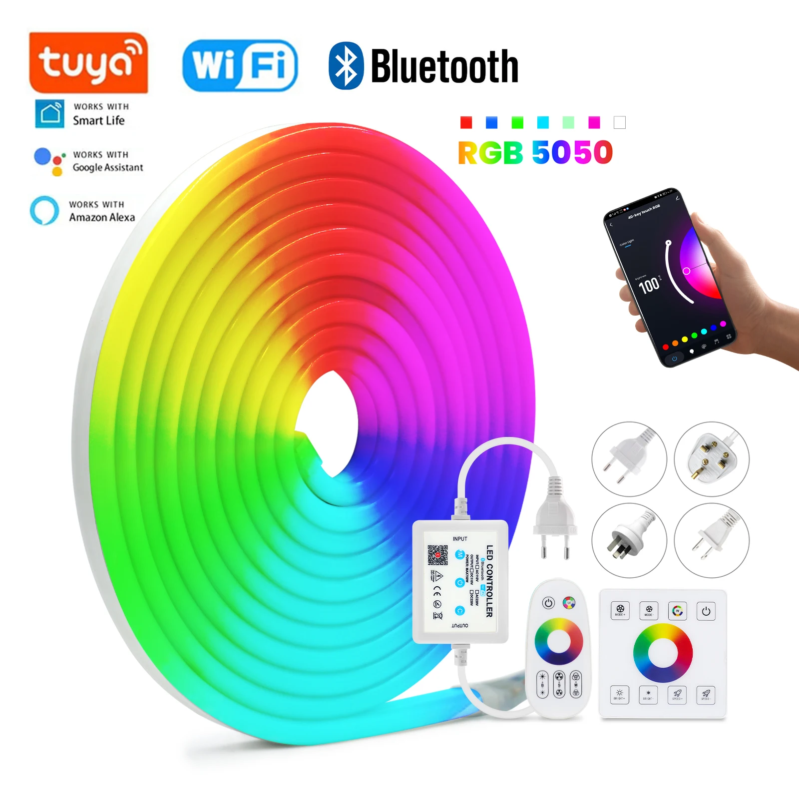 

AC 110V 220V Dimmable RGB LED Strip Waterproof SMD5050 Rope Lamp With WIFI Bluetooth Dual Touch Remote Control for Home/Garden