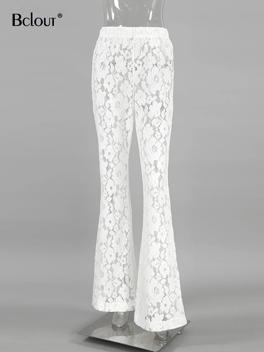 Bclout Elegant White Lace Flare Pants Women 2024 Fashion Thin Solid High Waist Long Trousers Spring Transparent Sexy Party Pants