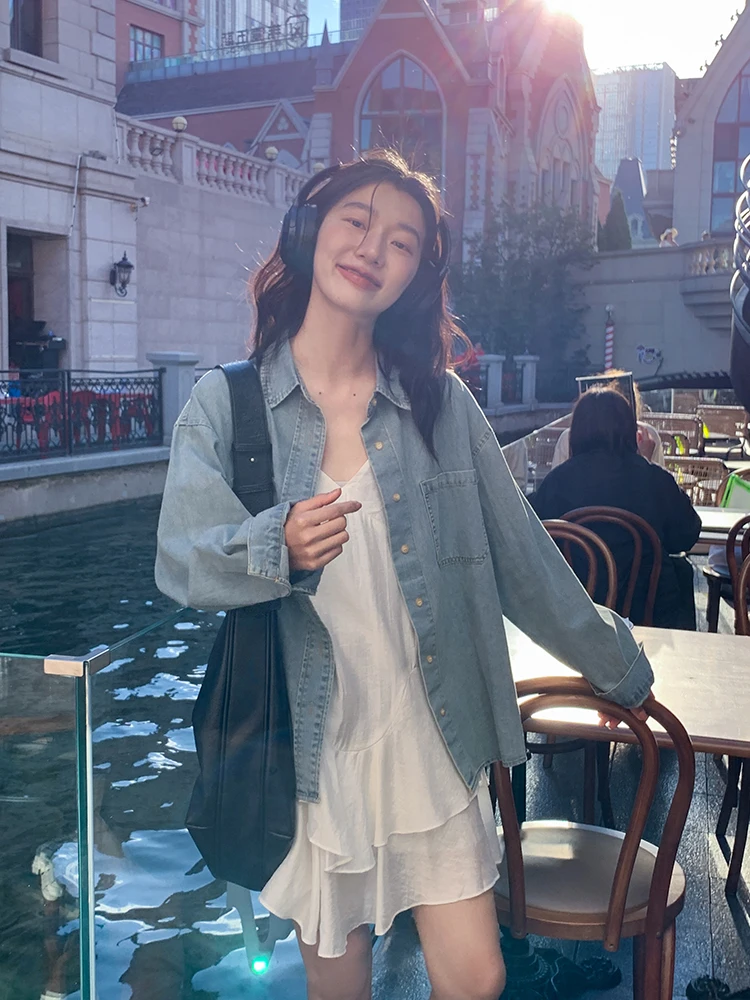 

Retro Blue Long Sve Denim irt Jaet Women's Spring 2026 New Design Loose Top Breathable Comfortable Casual Faion