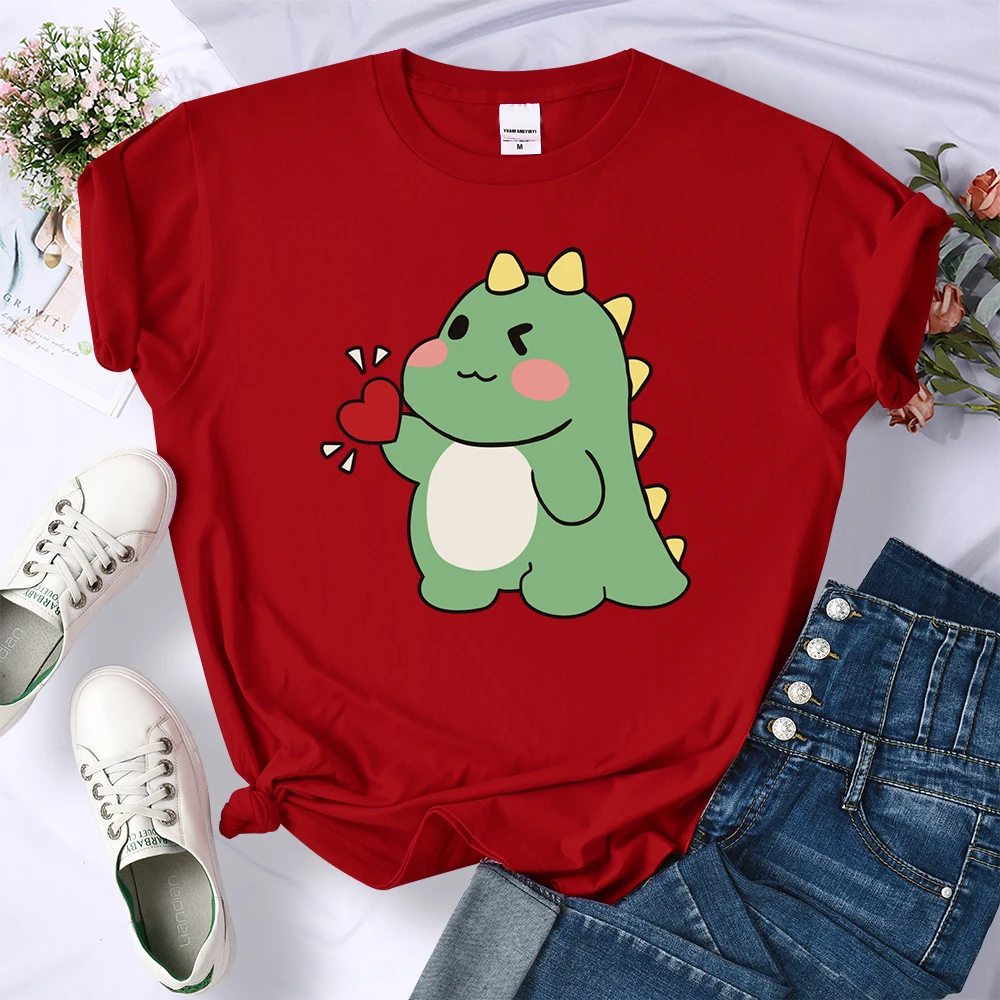 Cute Little Dinosaur Confesses Love Printing Tops Womens Soft Street T-Shirts Sport Hip Hop Tees Clothing Casual Short Sleeve