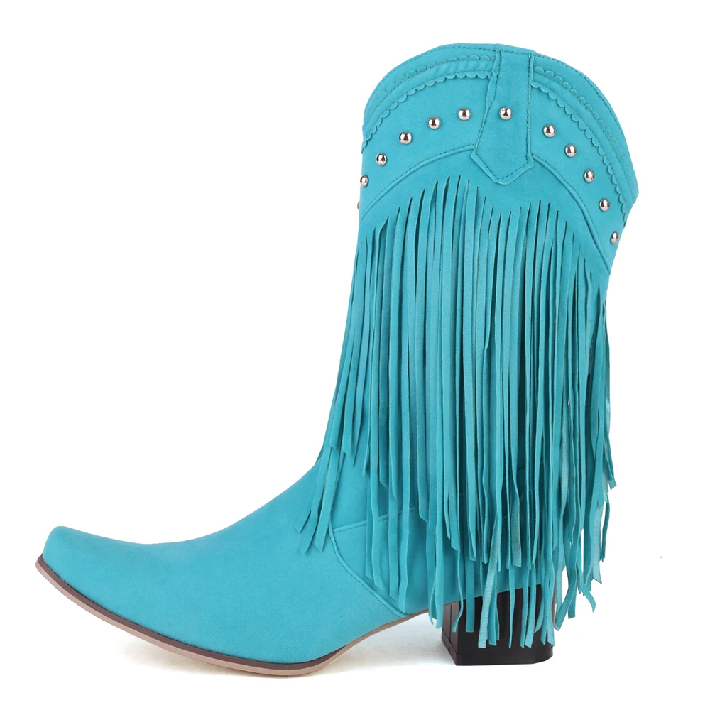 Retro Rivet Tassels Long Boots Fringe Western Cowboy Boots Women 2023 Vintage Woman Chunky Heels Casual Boot Slip On Shoes Femal