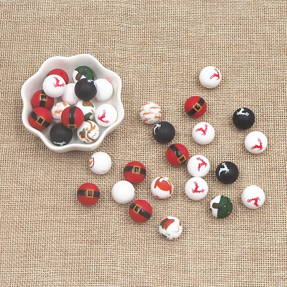 Chenkai 100PCS 15mm Print Beads Silicone Charms Focal Beads For Beadable Pens Character Beads For DIY Pacifier Chain Accessories