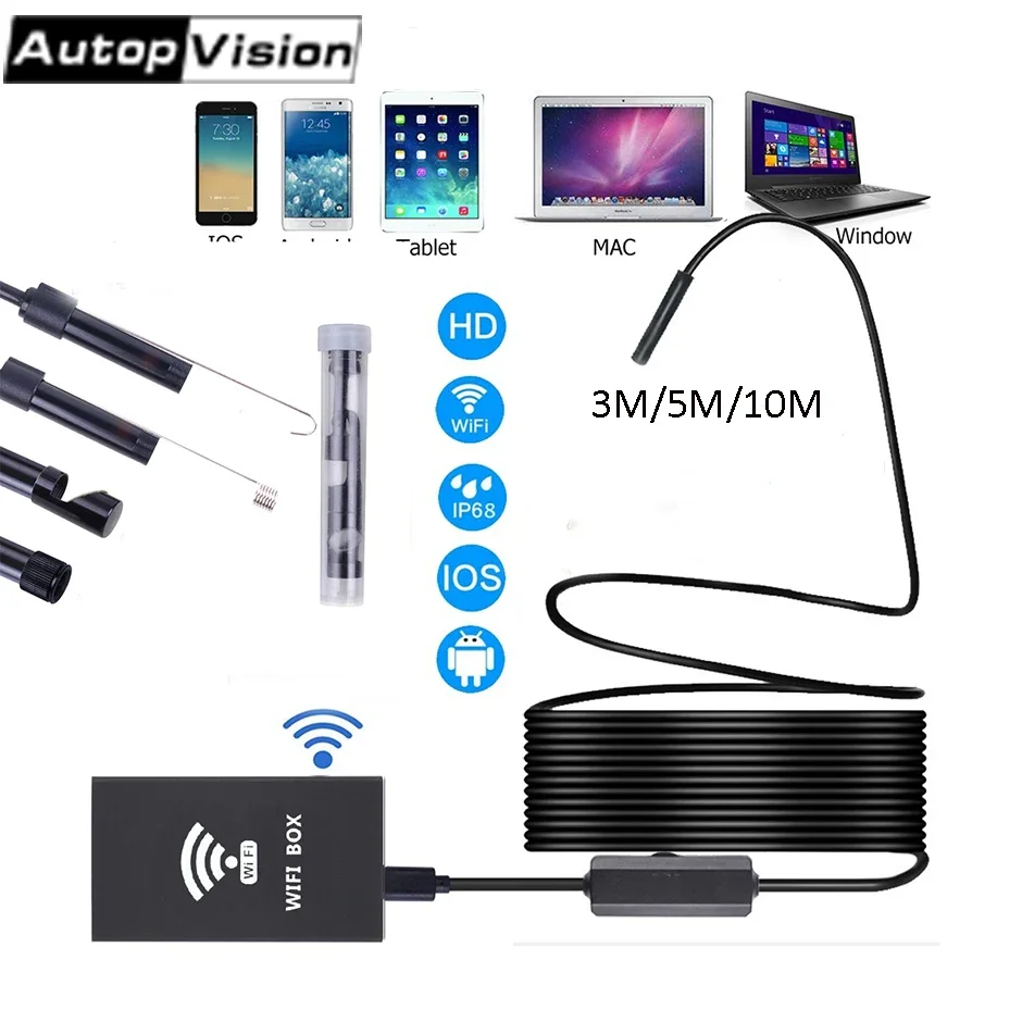 

F140 10M WIFI Wireless Endoscope, HD 1200P Wifi USB Borescope, IP68 Waterproof Inspection Camera with Semi-rigid Flexible cable