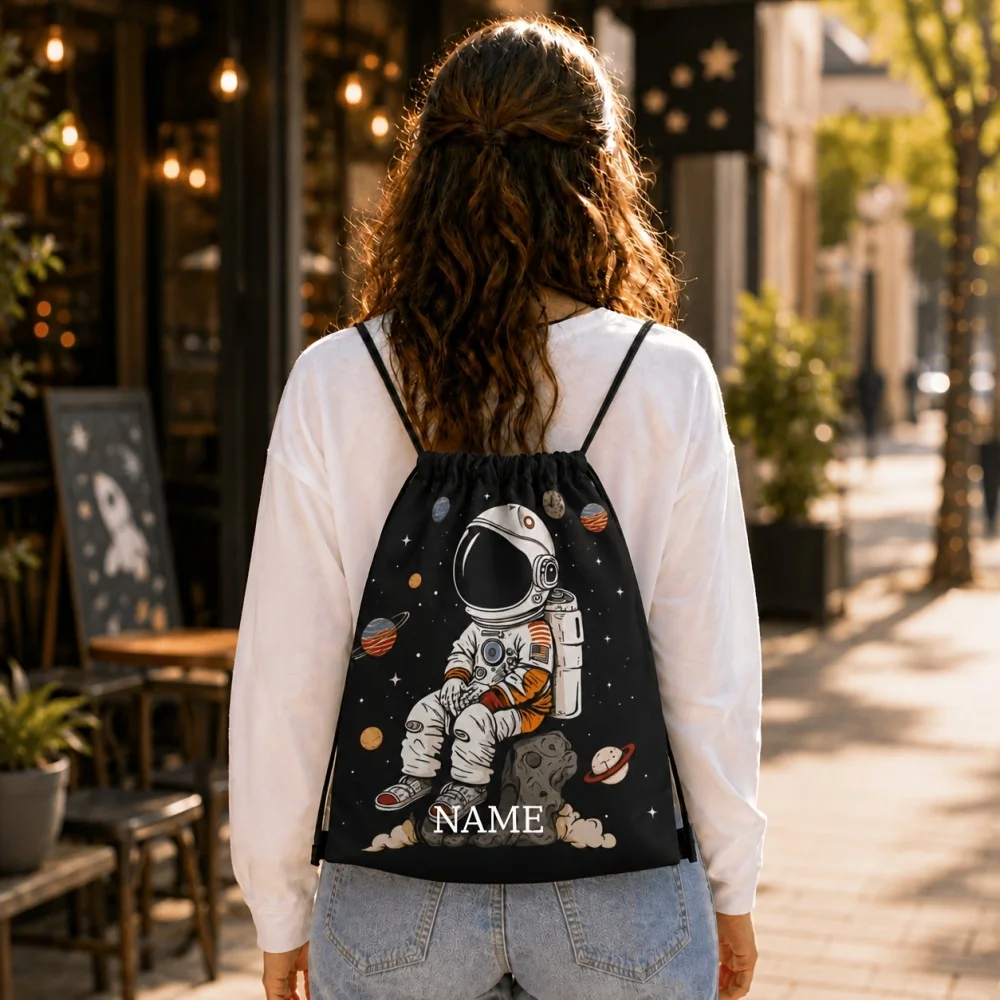 Custom Astronaut Space Drawstring Backpack, Personalized Name Print Drawstring Sack Bag, Lightweight Storage Bag for Boys Kids