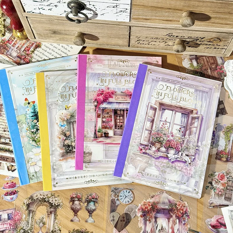 

20sheets Spring Flower Pavilion Creative Light Retro PET Stickers Book DIY Diary Scrapbook Planner Handbook Aesthetic Stickers