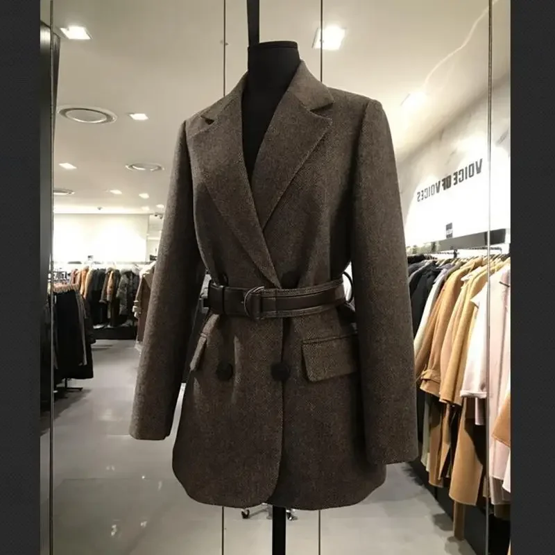 Women's Autumn Winter Vintage Casual Herringbone Thick Tweed Blazer Suit  Coat Solid Strip  Tie-up   