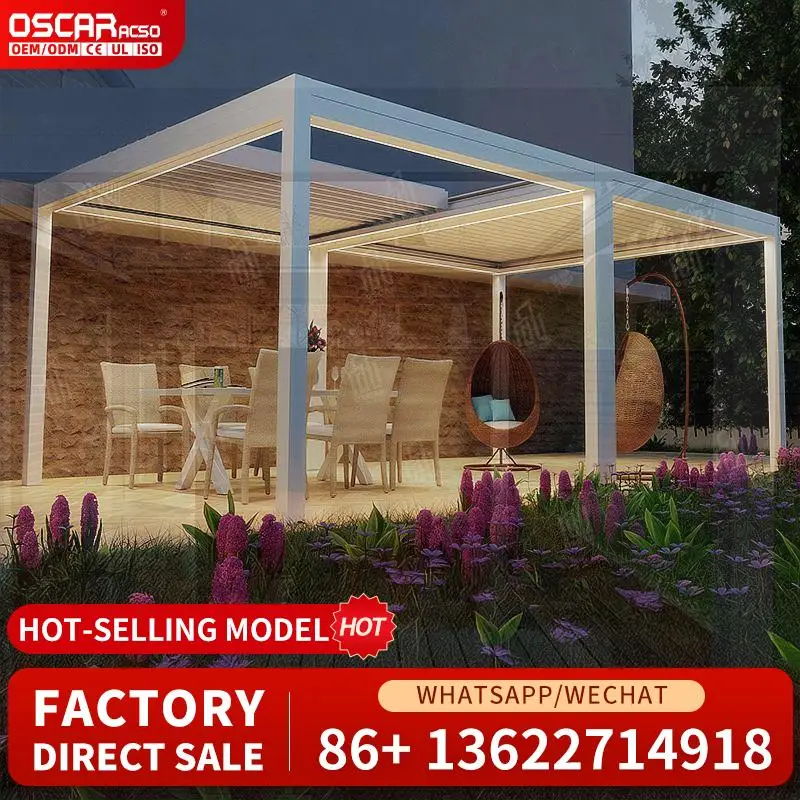 Outdoor Motorized Bioclimatic Louvered Aluminum Roof System for Terrace and Garden Applications pergolas