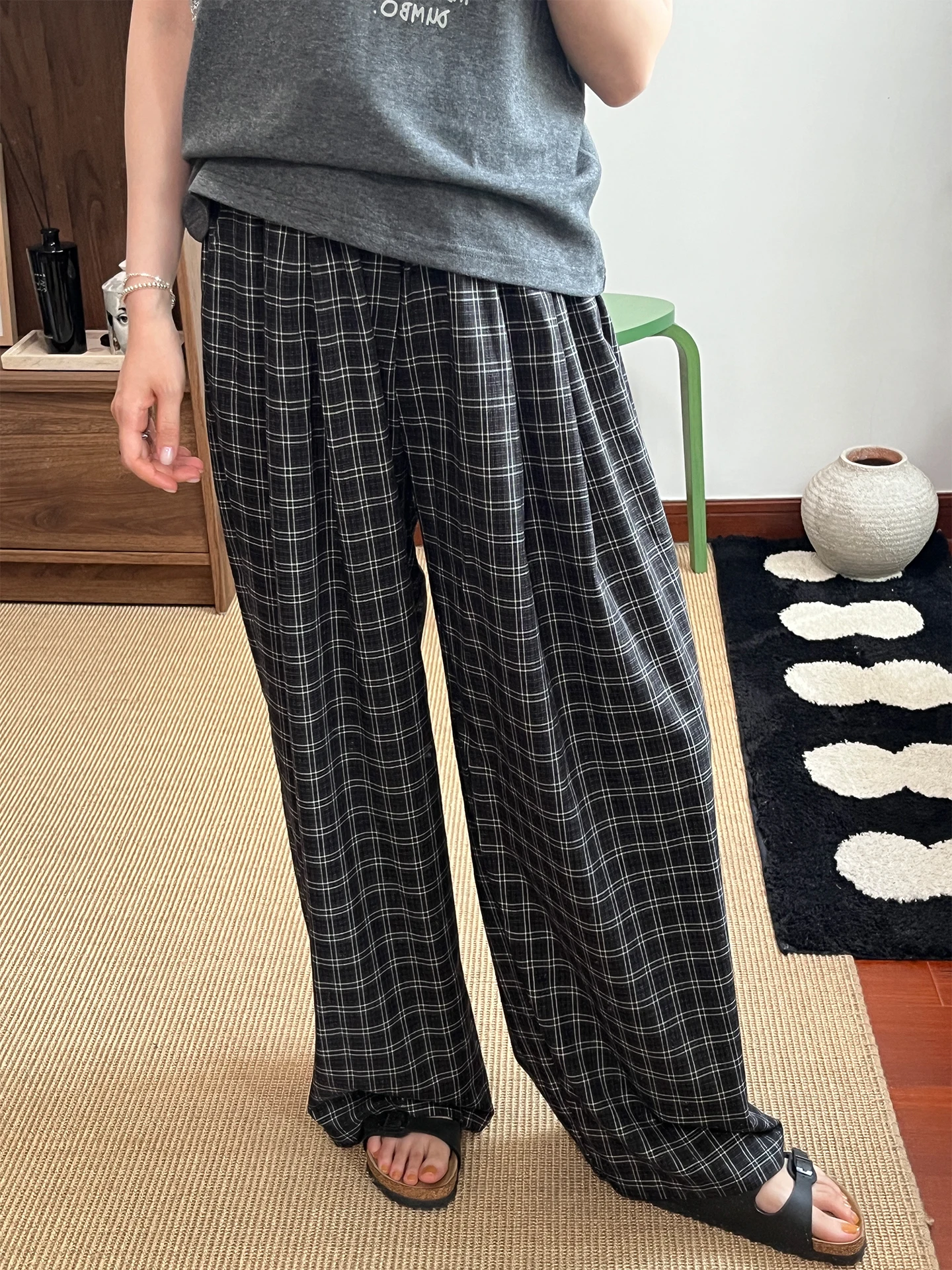 Pantalones de Verano Wini, Finos, a Cuadros, de Pierna Ancha, Casuales, Simples, Versátiles, de Cintura Alta, de Algodón, Rectos, para Mujer