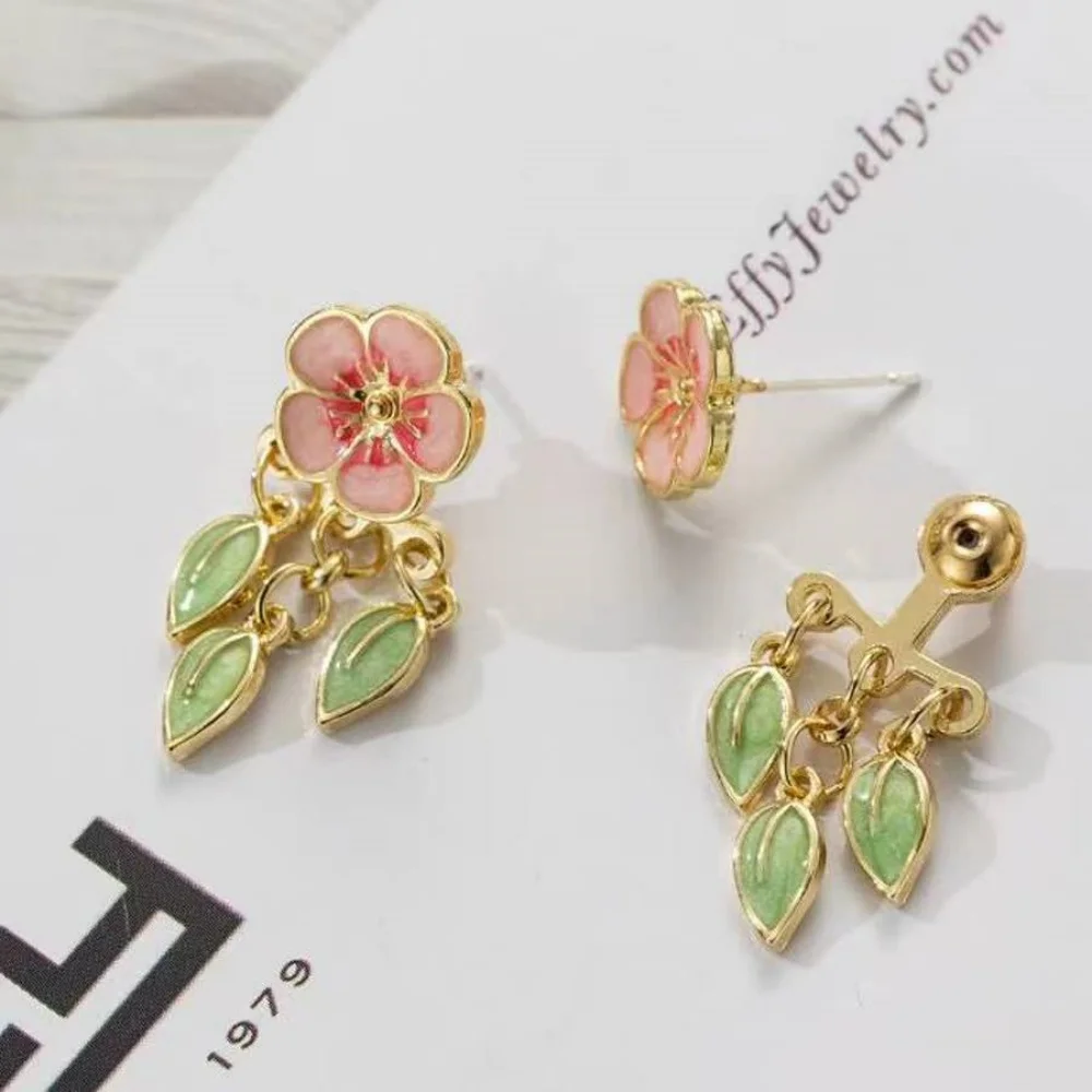 1 pair of fashionable and exquisite enamel colorful flowers leaf front and back earrings niche design flower Earring Jacket wome