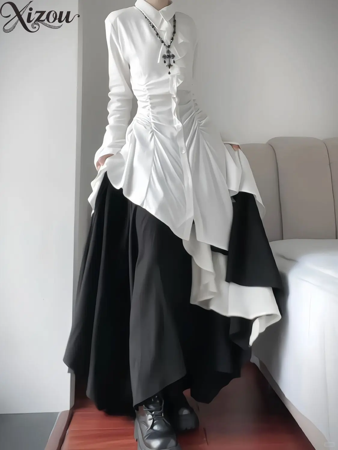 Women Irregular Ruched Waist Long Sleeve Shirt Black White Layer Skirt Pants Two Piece Dark Gothic Designer Outfit Set 2026