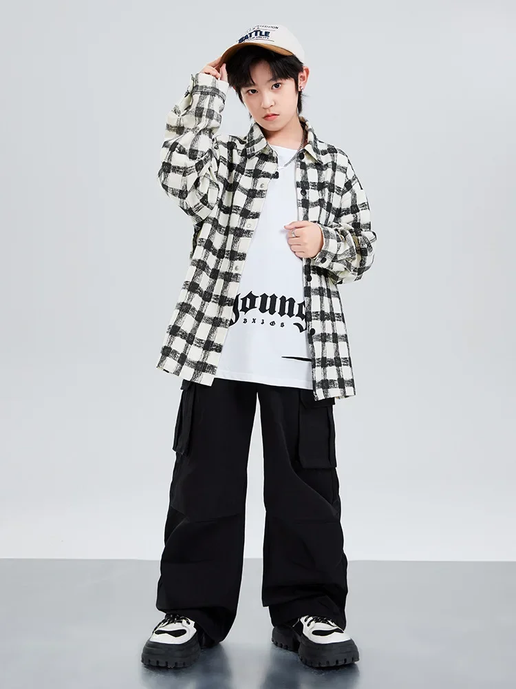 Hip Hop Jungen Kariertes Hemd Cargo Hosen Mädchen K-pop Kleidung Jazz Dance Sets Kinder Streetwear Kinder Straße Kostüm
