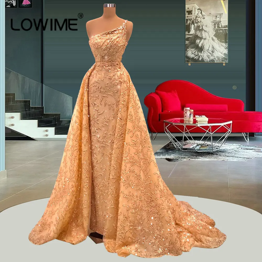 Robe de soirée longue Champagne, asymétrique épaule dénudée, avec traîne détachable, jupe de soirée élégante, scintillante, robe de bal