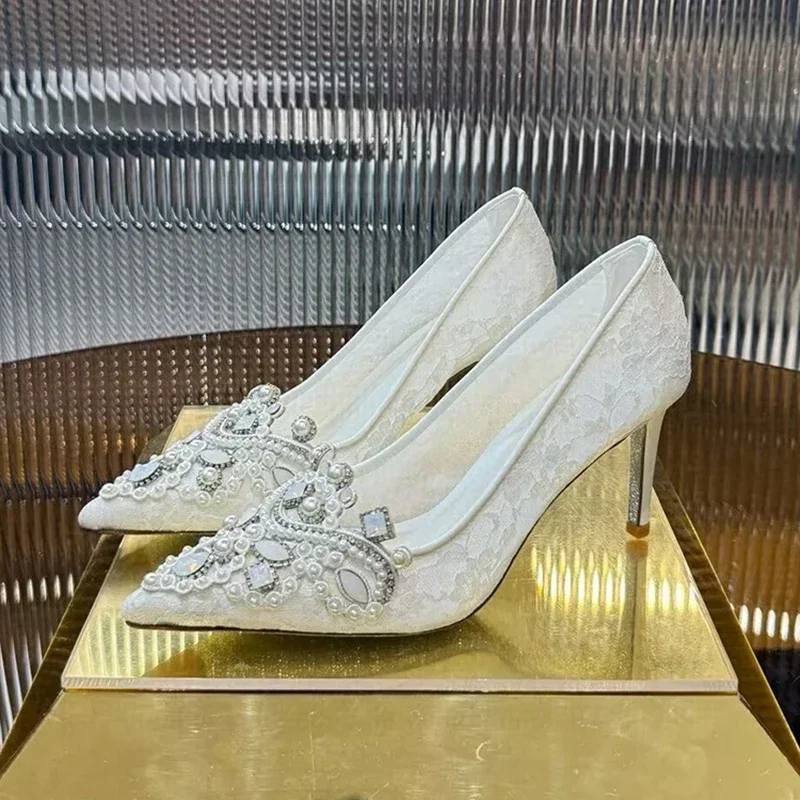 Scarpe da sposa per feste in rete di perle con strass Sandali con tacco alto moda donna Décolleté con punta a punta Sandali con tacco sottile estivo