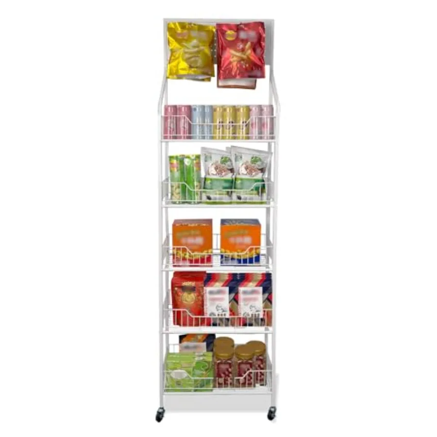 

5-уровневая стойка для закусок - полки для розничной торговли с верхней перфорированной доской, 15 крючков, стеллаж для выпечки на колесах для Easy Mobi