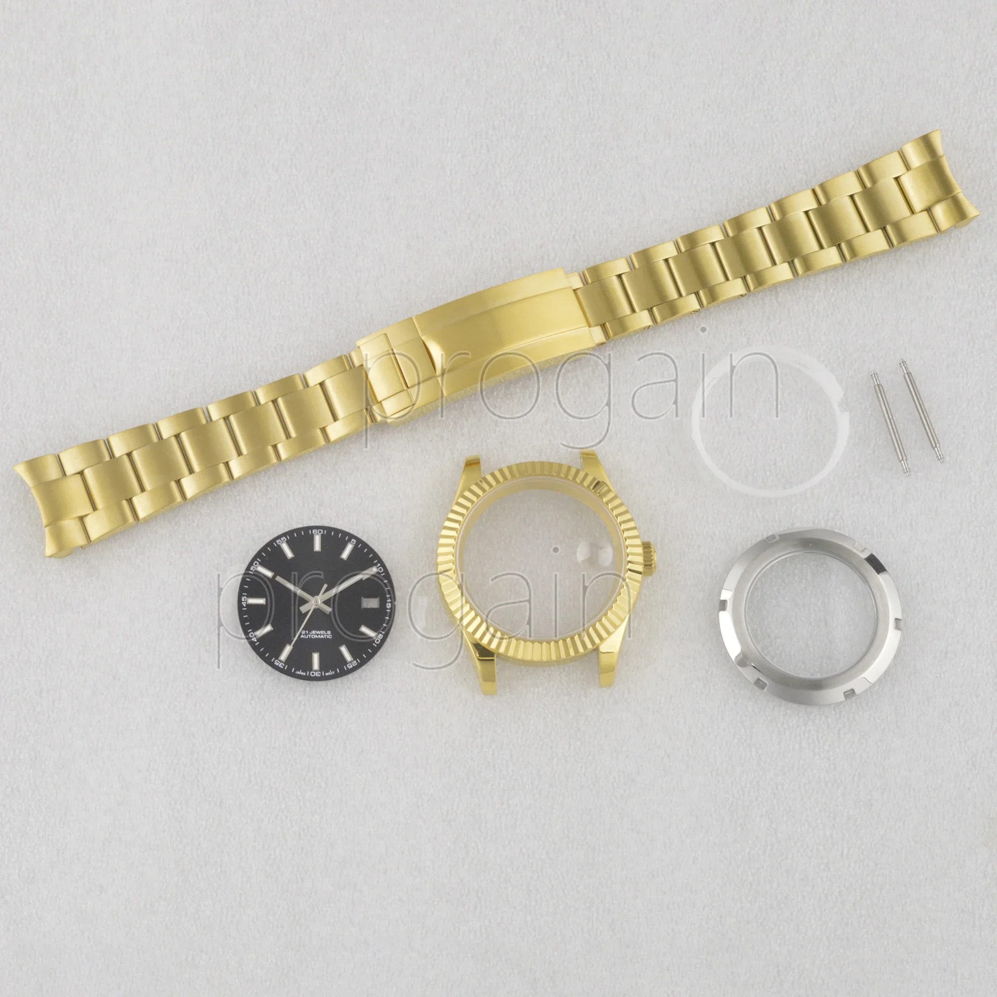 41mm Gold Stainless Steel watchcase Strap for Datejust Transparent cover Watch Dial Hands Sapphire Glass fit NH35 Movement parts