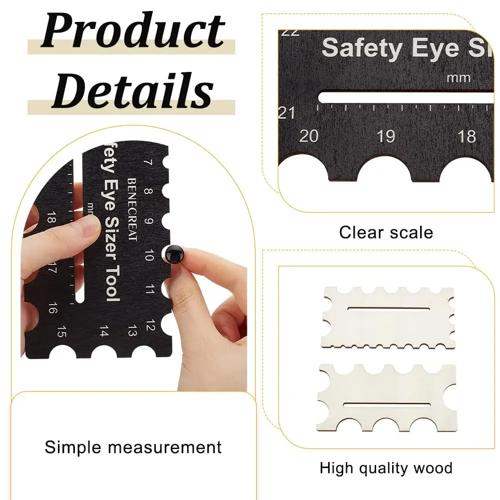 2Pcs Wooden Safety Eyes Sizer Tool, 4~32mm Diameter Measuring Ruler, Crochet Tool for DIY Craft Plush Bear Eye Installation Doll