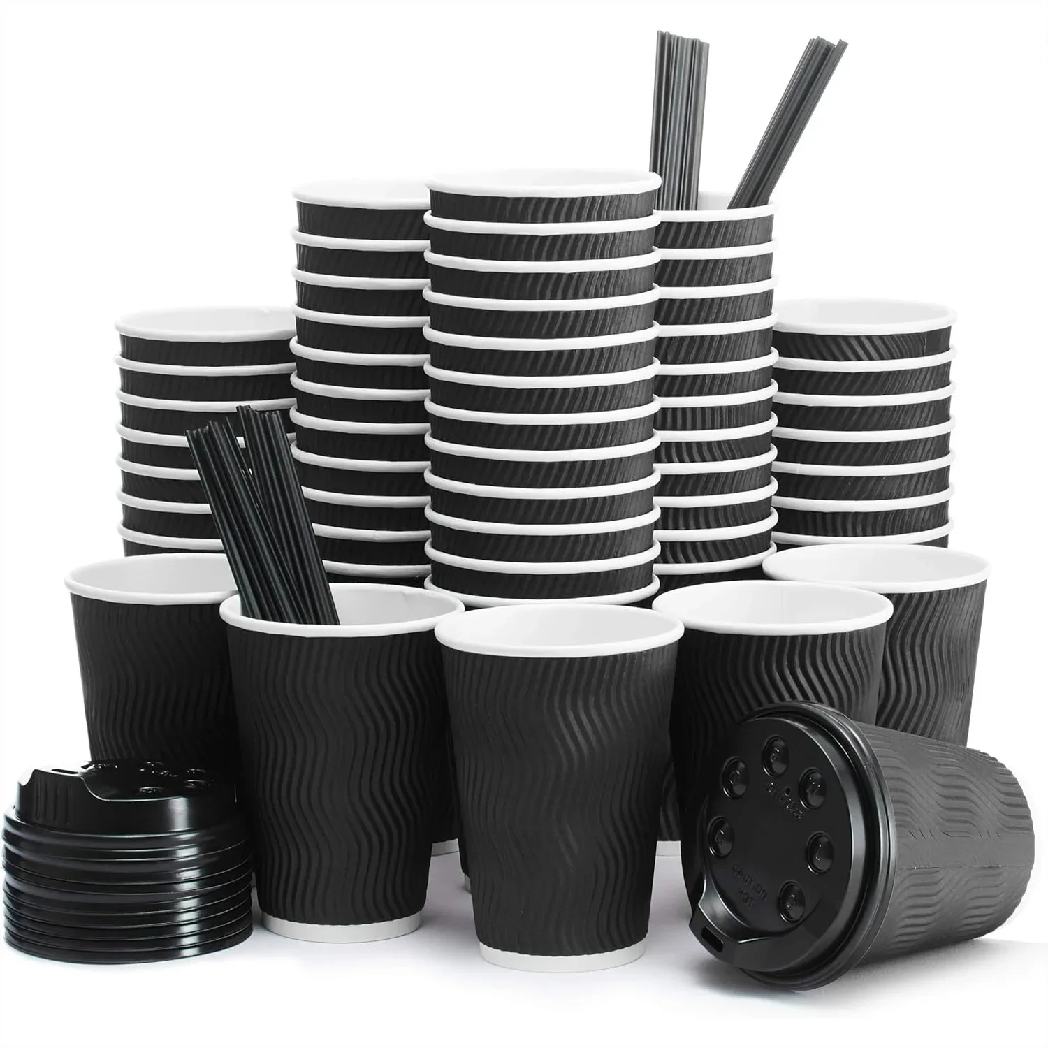 

Insulated Disposable Coffee Cups with Lids & Straws 12 oz, 100 Packs - Paper Cups for Hot Beverage Drinks To Go Tea Coffee Home