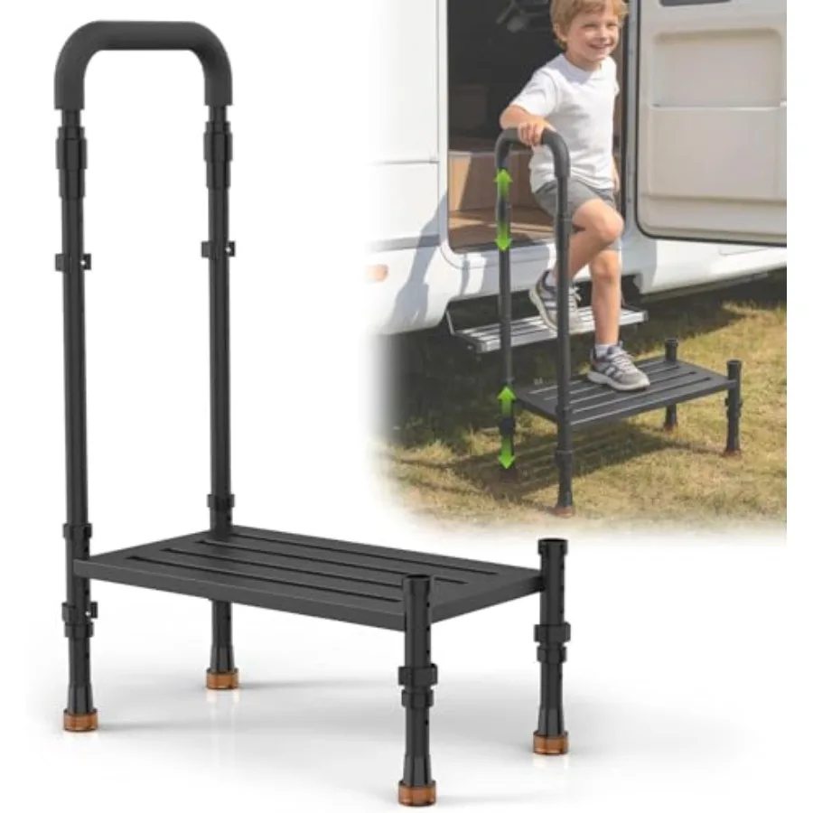 

Widened RV Stairs with Handrail, Aluminum Step Ladder for RV SUV Truck Outdoor Spa Hot Tub, Black, Non-Slip Stable
