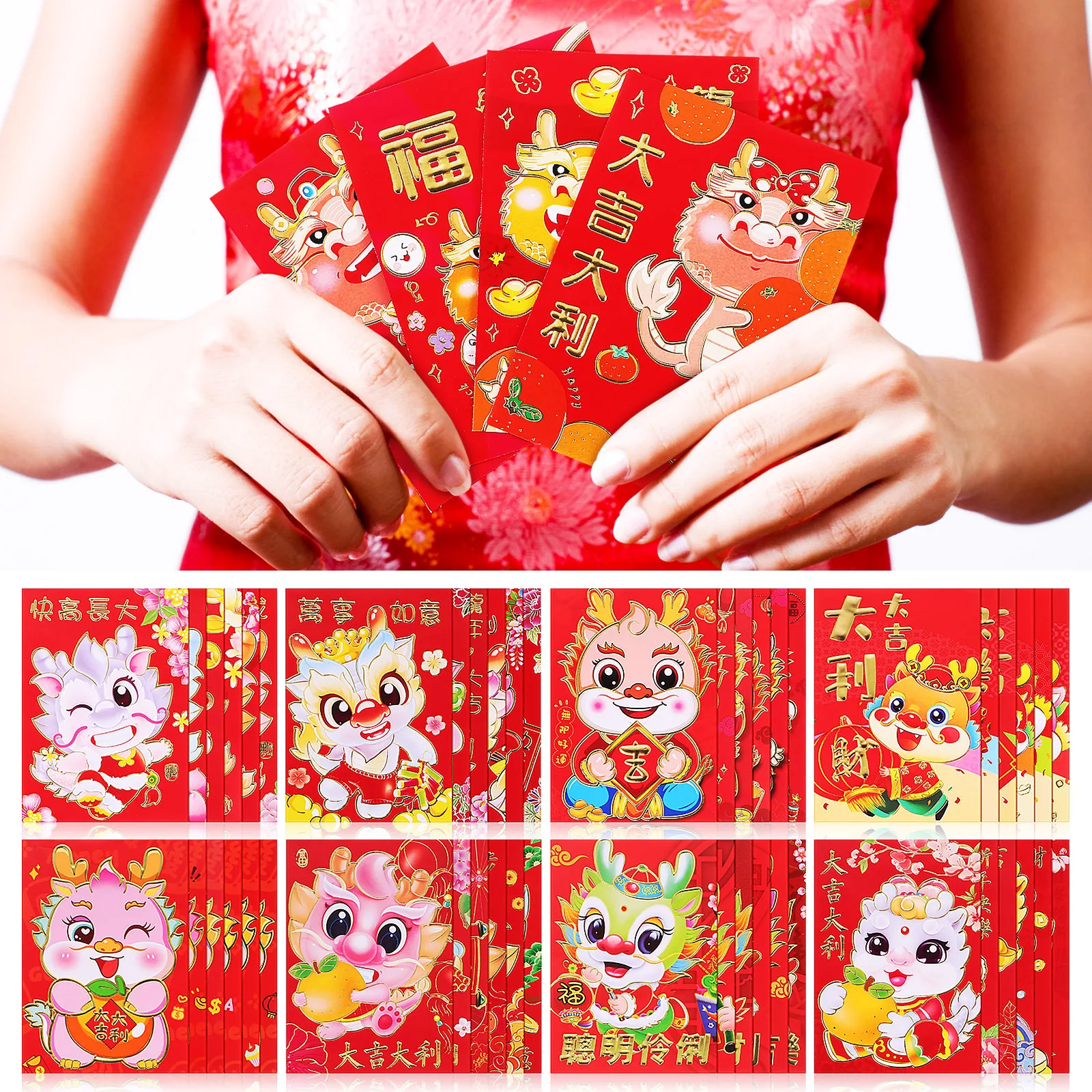 

60 pcs Dragon Year Red Envelopes 2024 Cute Cartoon Design Self-Sealing Copper Paper Spring Festival Gift Red Packet Chinese New