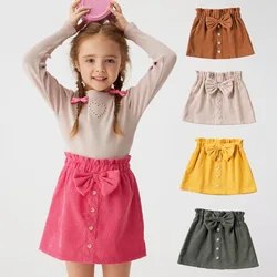 Toddler Girls Solid Button Skirt with Bow Decor Casual Spring Autumn 0-6Y Sweet A-line Dress Half-body Skirt Baby Trendy Clothes