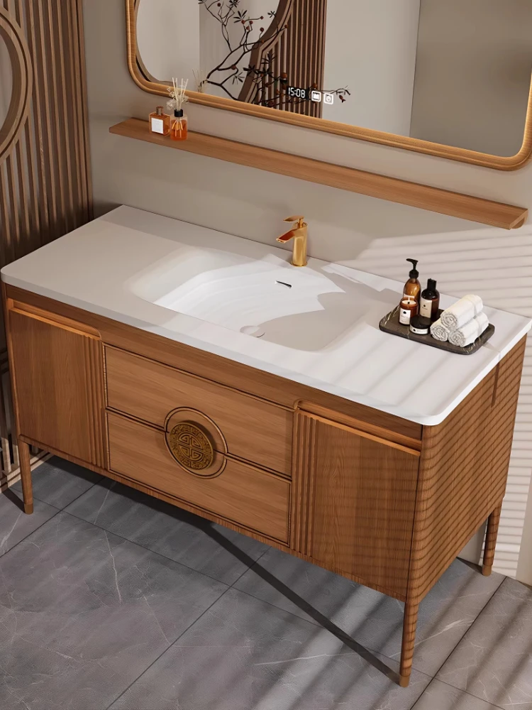 

Corian integrated basin new Chinese rubber wood multi-functional feng shui folding mirror cabinet bathroom cabinet