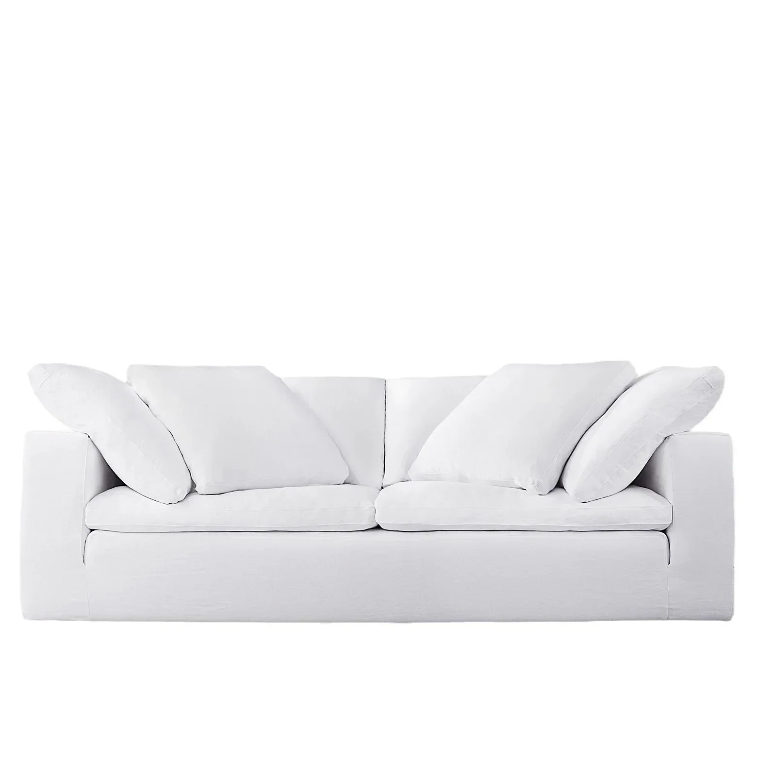 The product can be customized. Minimalist, cream white linen fabric, down cloud sofa combination