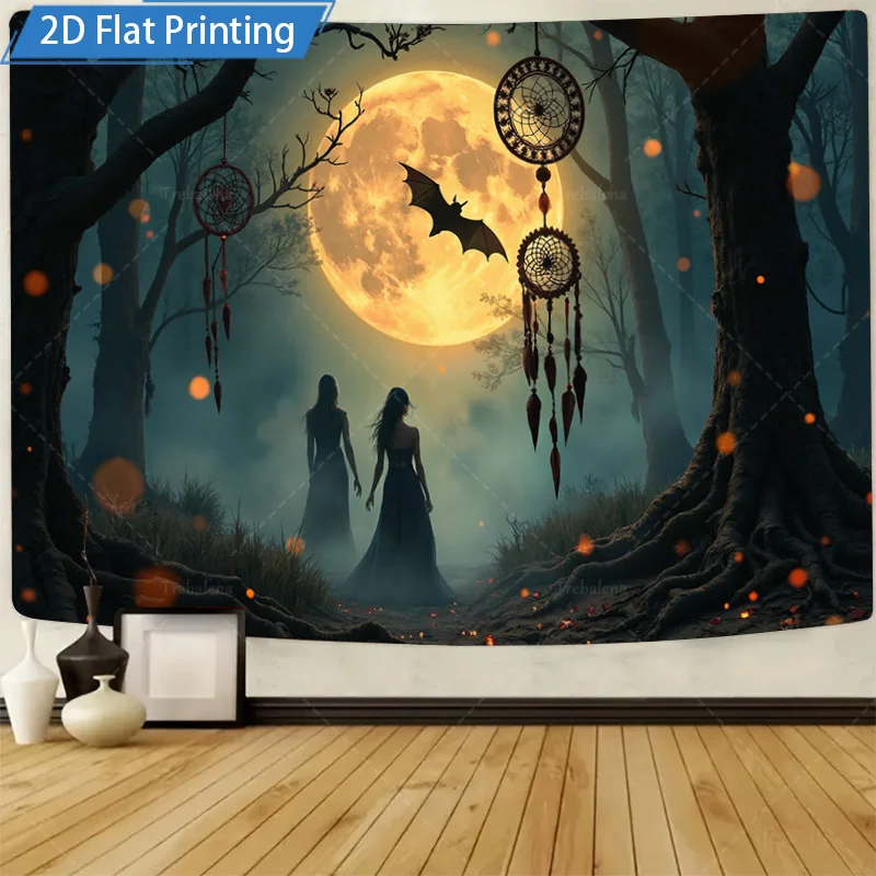 1pc Wall Tapestry Mystic Forest Moonlight Tapestry with Dreamcatchers and Bats, Gothic Halloween Wall Hanging