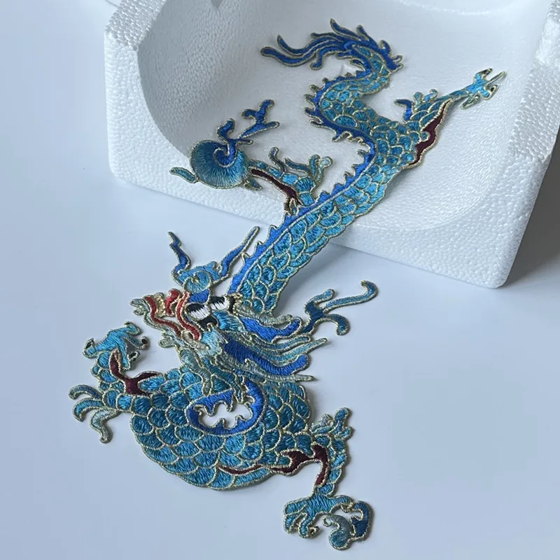 1Ps Chinese Style Blue Large Dragon Sewing On Embroidery Patches For Jean Clothing Dress Applique Decoration Accessory DIY Patch