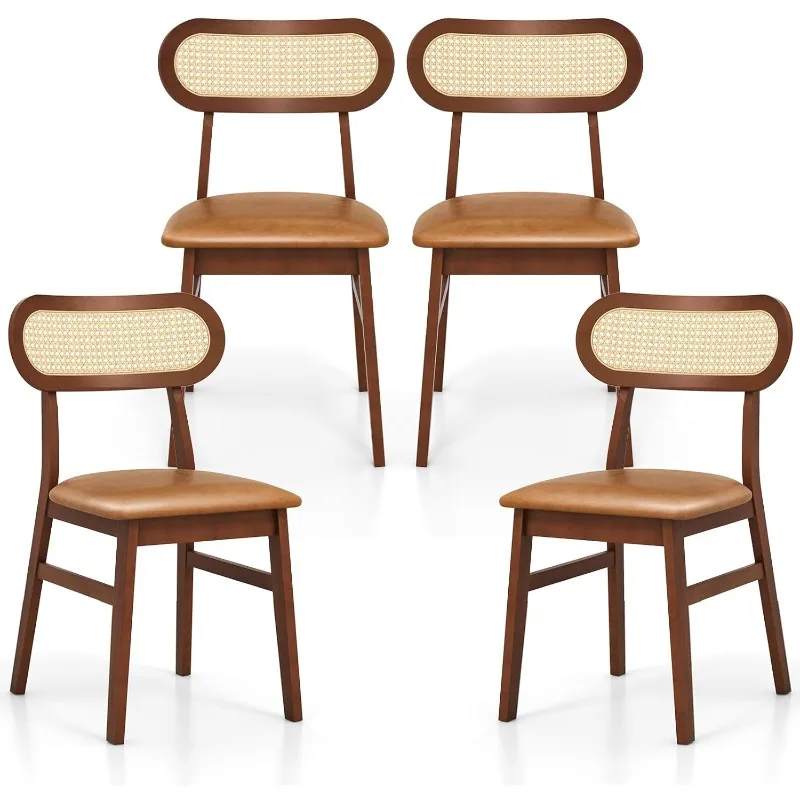 Wooden Dining Chairs Set of 4, PU Leather Upholstered Kitchen Chairs W/Breathable Mesh Cane Backres