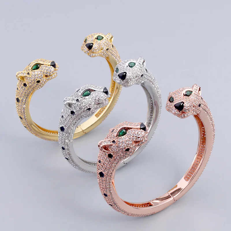 Europe America Open Ring Bracelet Men Women Lady Plated Gold Color Inlay Cubic Zircon Green Eyes Double Leopard Jewelry Sets