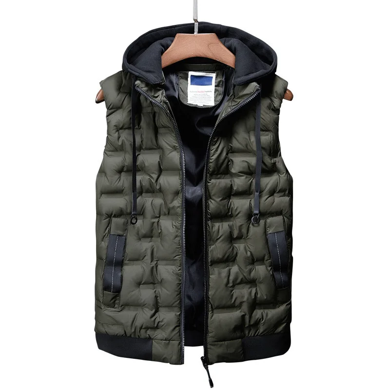 #3626 Black Grey Green Waistcoat Men Hat Detachable Autumn Winter Casual Vests For Men Warm Down Vest With Hood Sleeveless Coat