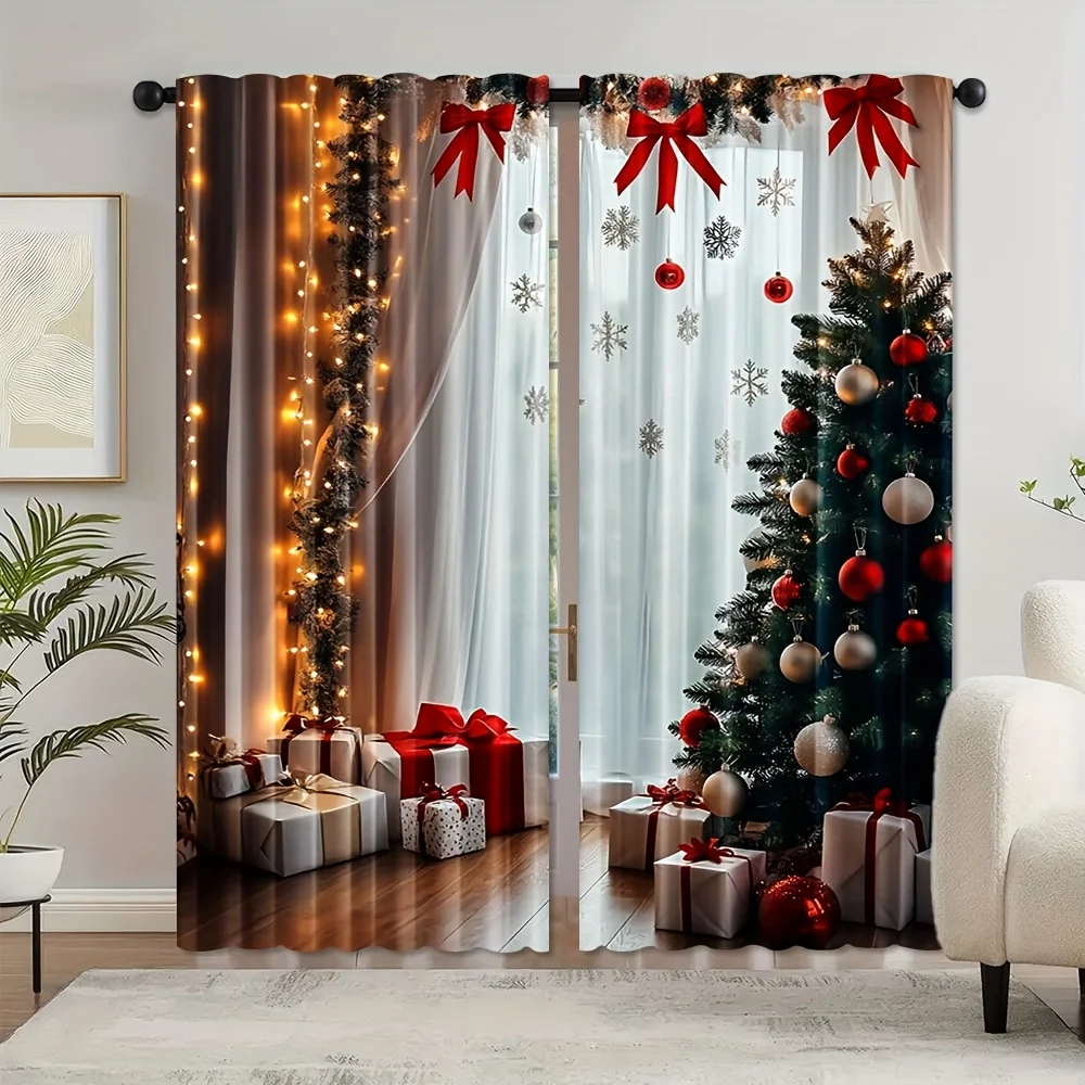 Christmas Bow Tree Curtains 2pcs, Rod Pocket Polyester Machine Washable for Living Room Bedroom Holiday Doorway Decor