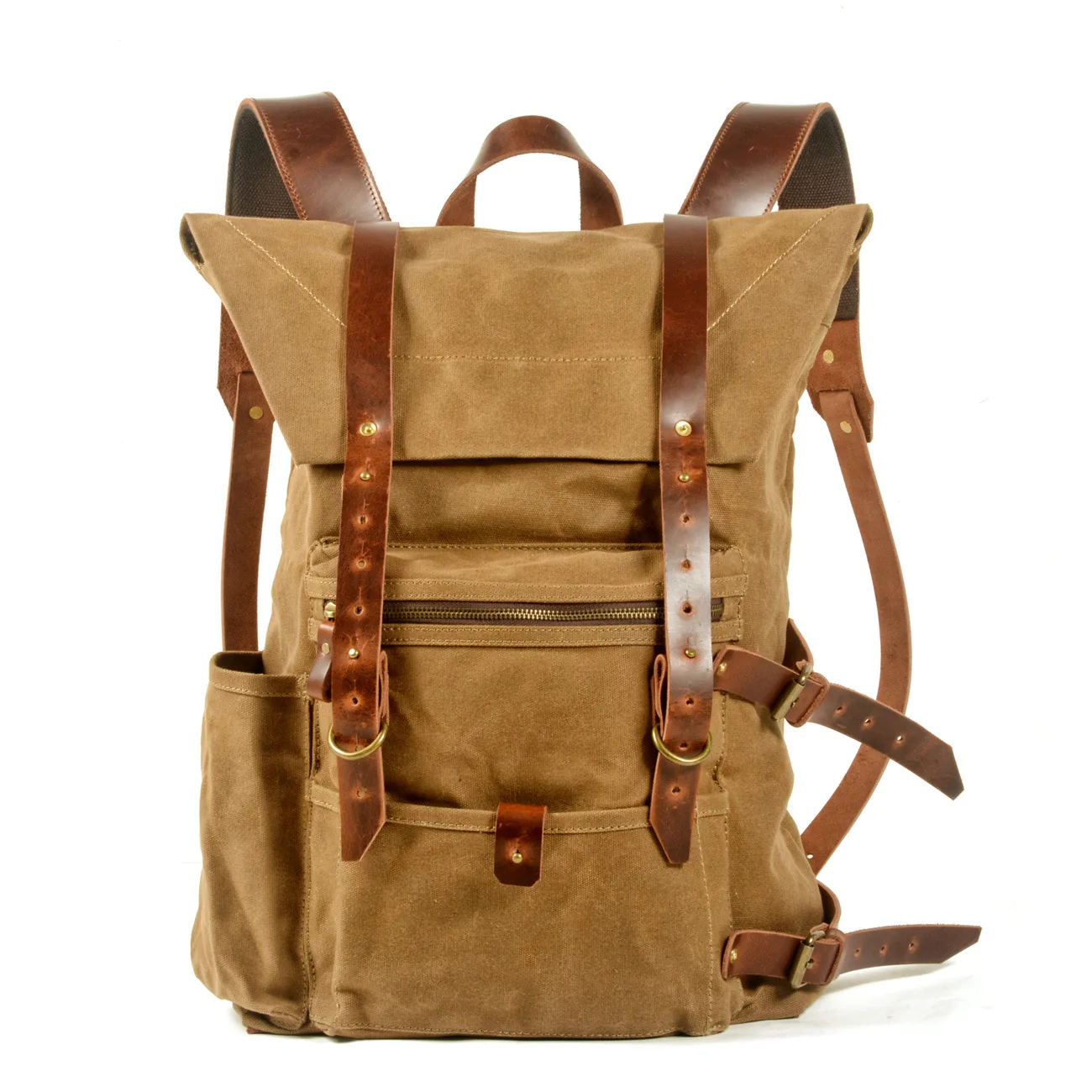 Fashion retro Portable Unisex Canvas Stitching Bag Backpack Vintage Handmade Genuine Leather Outdoor Hiking Backpack