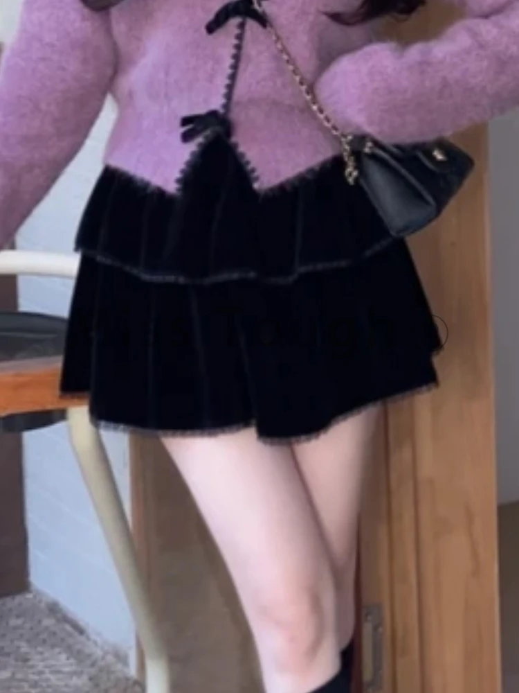 Korean Fashion Knit Autumn Winter Sweet 2 Piece Sets Purple Knitted Cardigan + Pleated Black Skirt New Casual Preppy Style Suits