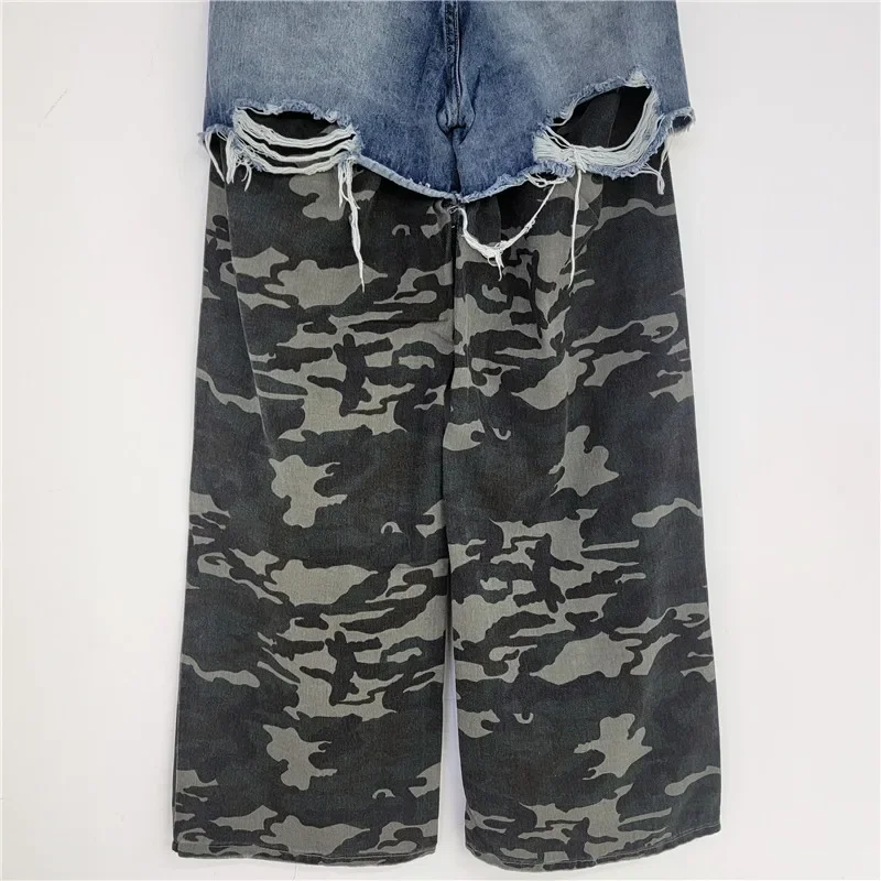 Denim Splicing Camouflage Pants Street Hipster Ripped Jeans Women Autumn Winter New Denim Trousers Baggy Jeans Cargo Pants