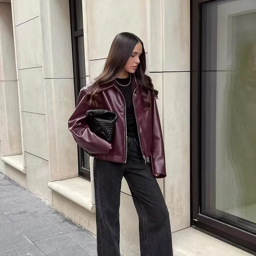 Luźna kurtka motocyklowa ze skóry PU, zapinana na zamek, wygodny krój, długi płaszcz dla kobiet, styl casual, do dojazdów do pracy, modna.